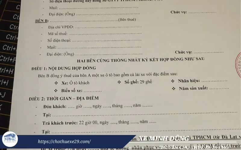 Mẫu hợp đồng thuê xe du lịch 29 chỗ